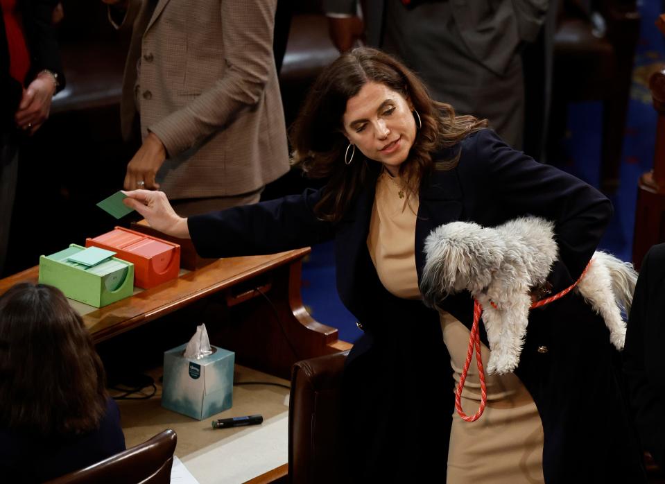 Rep.-elect Nancy Mace (D-NY) holds a dog as she casts her vote to adjourn in the House Chamber during the third day of elections for Speaker of the House at the U.S. Capitol Building on Jan. 5, 2023, in Washington, DC.