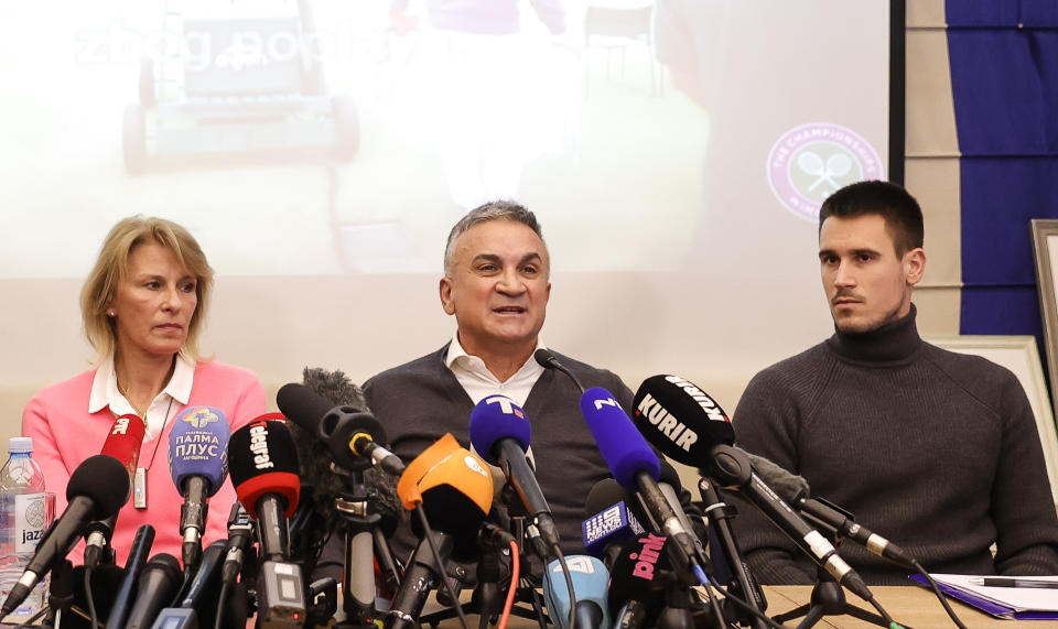 Pictured here, Novak Djokovic's family at a press conference in Serbia after his release in Melbourne.