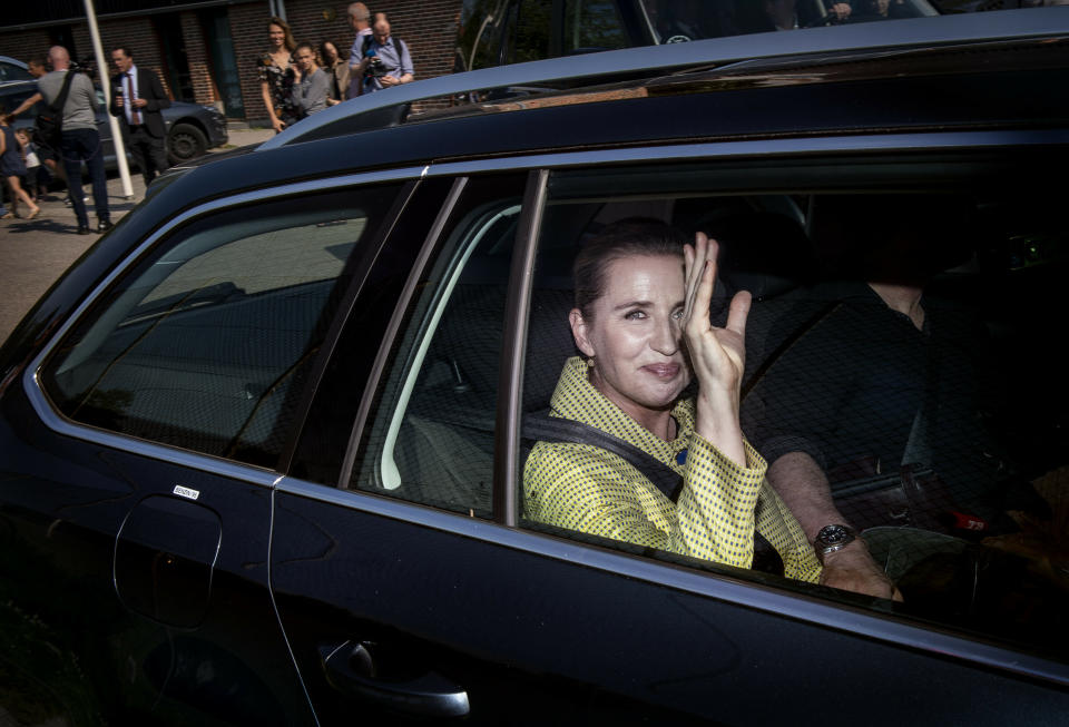 Opposition leader Mette Frederiksen from The Danish Social Democrats leaves after casting her vote during the Danish Parliamentary Election 2019, in Copenhagen, Wednesday 5 June 2019. (Liselotte Sabroe/Ritzau Scanpix via AP)