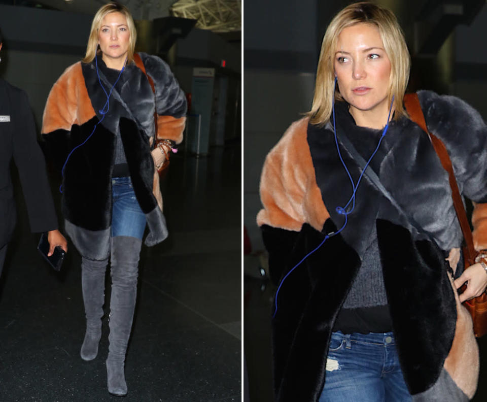 So haben wir die sonst stets so wunderbar gestylte Kate Hudson schon lange nicht mehr gesehen: Am Flughafen von Los Angeles stapfte sie diese Woche mit blassem Make-up und unvorteilhaftem Plüschjacken-Monster herum. (15. Februar 2016, Bilder: WENN)