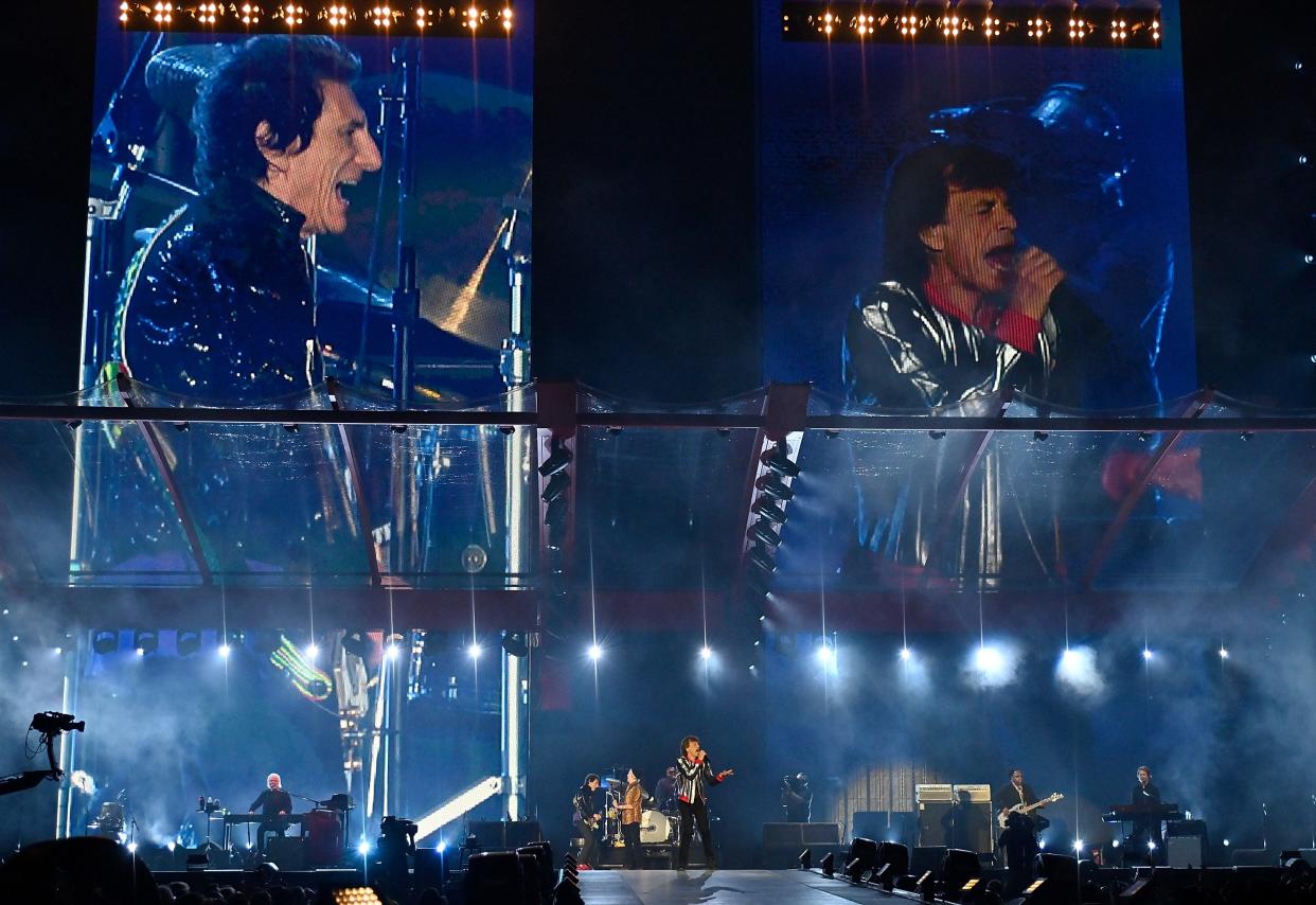 From left, Chuck Leavell, Ronnie Wood, Keith Richards, Mick Jagger and Darryl Jones of The Rolling Stones perform during the 2021 "No Filter" tour opener at The Dome at Americas Center on Sept. 26, 2021 in St Louis, Missouri.
