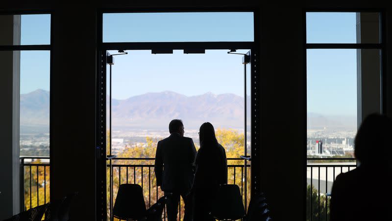 Visitors admire the view as the University of Utah, Ivory Family and The Church of Jesus Christ of Latter-day Saints celebrate the completion of the first of four student housing buildings at Ivory University House in Salt Lake City on Wednesday, Oct. 18, 2023.