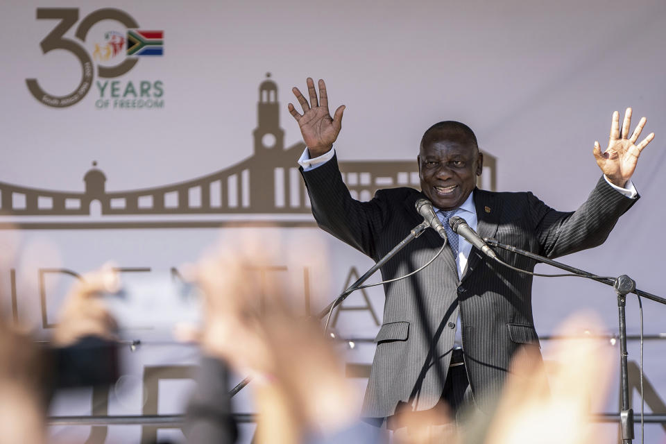 President Cyril Ramaphosa addresses the crowds after his inauguration ceremony at the Union Buildings in Tshwane, South Africa, Wednesday, June 19, 2024. Ramaphosa was sworn in for a second term as South Africa's president on Wednesday in a ceremony, with help from a coalition of parties for the first time in its 30-year rule. (AP Photo/Photo: Shiraaz Mohamed).