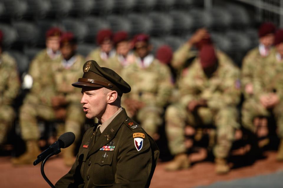 Fort Bragg Garrison Commander Col. Scott Pence speaks at Fayetteville's Veterans Day ceremony at Segra Stadium on Tuesday, Nov. 9, 2021.