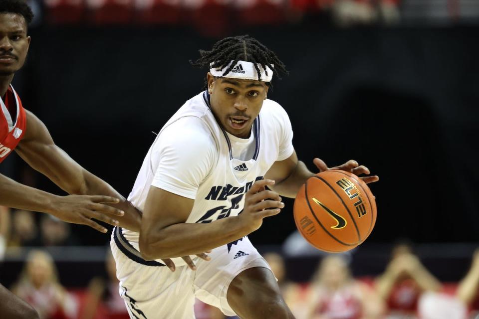 Grant Sherfield drives to the hoop against New Mexico in the first round of the Mountain West men's basketball tournament on Wednesday, March 9, 2022, in Las Vegas.