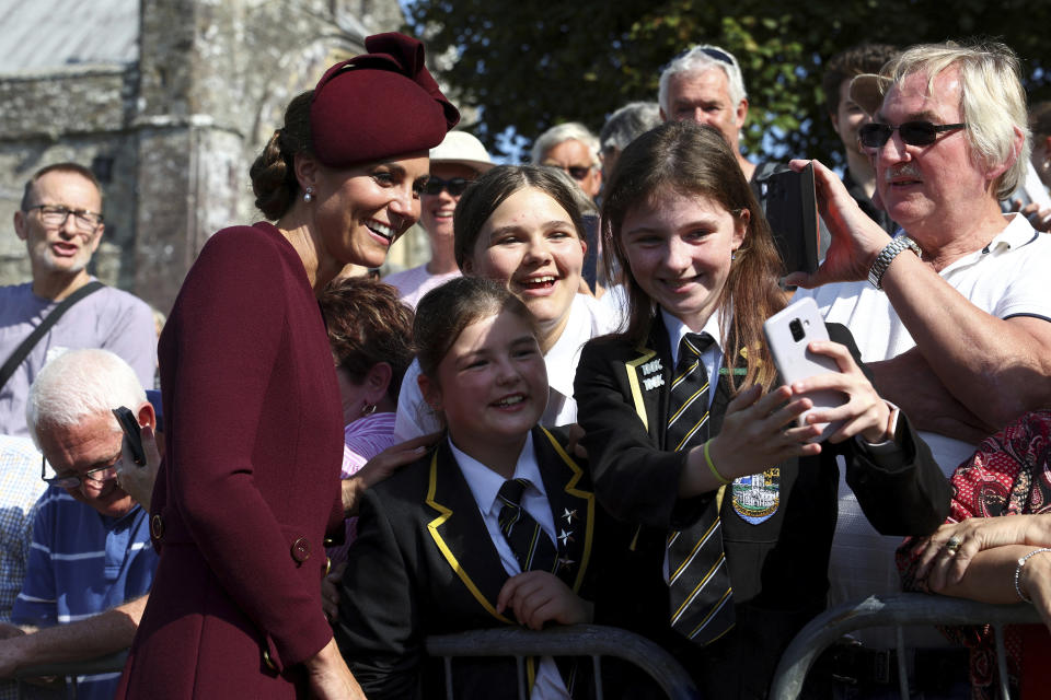 Britain's Prince William, Prince of Wales and Kate, Princess of Wales visit St Davids Cathedral, in St Davids, Wales, Friday Sept. 8, 2023, on the first anniversary of the death of Queen Elizabeth II. (Toby Melville/Pool via AP)