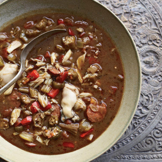 For the indecisive. Mix clam juice with chicken broth for a spicy, smoky surf and turf (in this case, sausage, crab and oyster) gumbo.