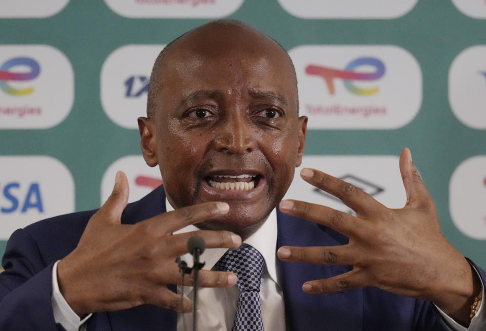 CAF president Patrice Motsepe speaks during a media conference at the Ahmadou Ahidjo stadium in Yaounde, Cameroon, Tuesday, Jan. 25, 2022. (AP Photo/Themba Hadebe)