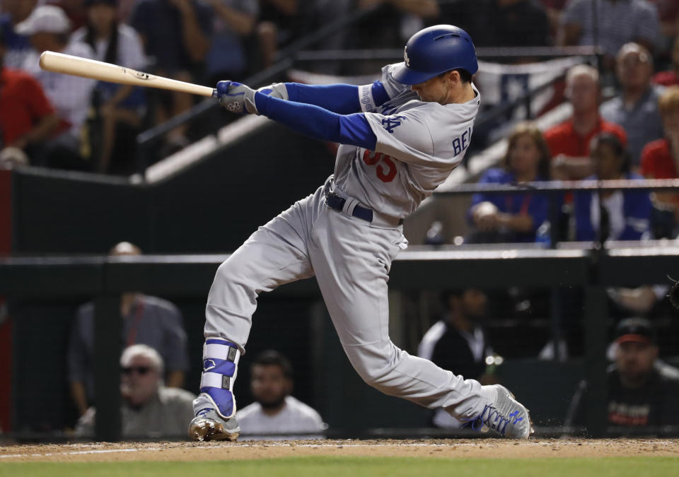 Los Angeles Dodgers’ Cody Bellinger connects for a solo home run during the fifth inning of game 3 of baseball’s National League Division Series against the Arizona Diamondbacks, Monday, Oct. 9, 2017, in Phoenix. (AP)