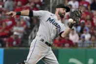 Miami Marlins second baseman Jon Berti is unable to hold on to an RBI single by St. Louis Cardinals' Paul Goldschmidt during the fifth inning of a baseball game Tuesday, June 28, 2022, in St. Louis. (AP Photo/Jeff Roberson)