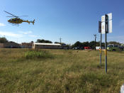 <p>A helicopter flies near the site of a mass shooting in Sutherland Springs, Texas, U.S., November 5, 2017, in this picture obtained via social media. (Max Massey/ KSAT 12/via Reuters) </p>