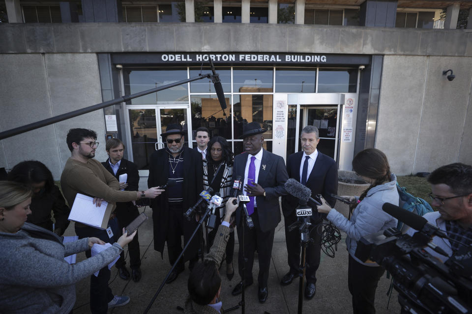 Attorney Ben Crump, second from right, speaks during a news conference outside of the Odell Horton Federal Building, Nov. 2, 2023, in Memphis, Tenn. Former Memphis police officer Desmond Mills, pleaded guilty for his role in the death of Tyre Nichols. (Patrick Lantrip/Daily Memphian via AP)