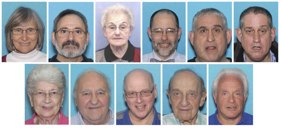 In this combo image made from photos provided by the United States District Court Western District of Pennsylvania are the victims of the Oct. 27, 2018, assault on the Tree of Life synagogue in Pittsburgh.. top row, from left, Joyce Fienberg, Richard Gottfried, Rose Mallinger, Jerry Rabinowitz, Cecil Rosenthal, and David Rosenthal; bottom row, from left, Bernice Simon, Sylvan Simon, Dan Stein, Melvin Wax, and Irving Younger. (United States District Court Western District of Pennsylvania via AP)