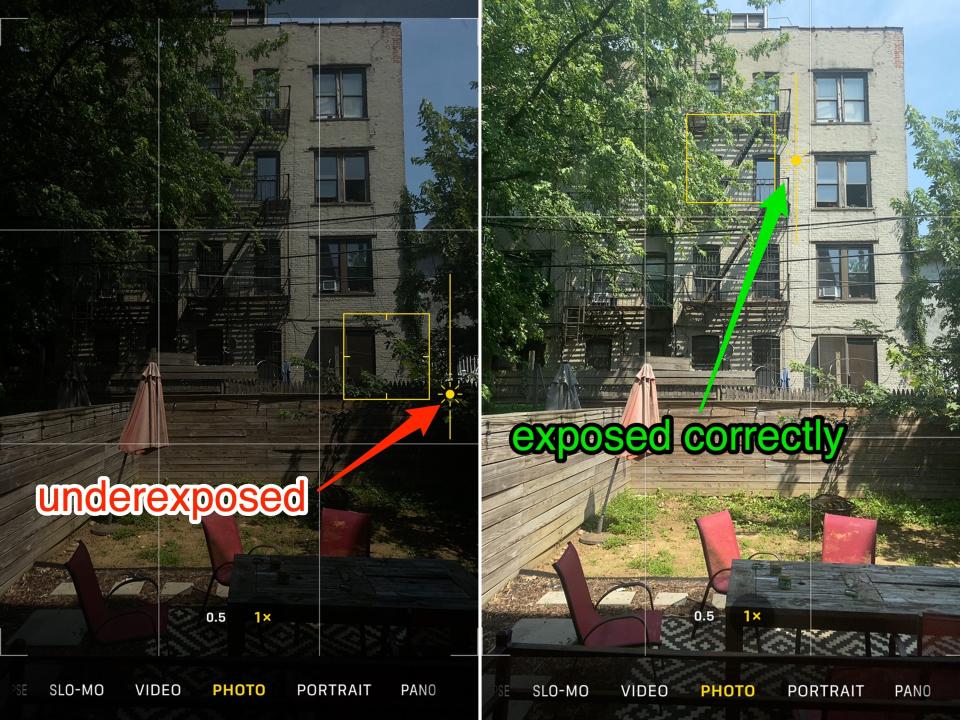 Left: dark image of a backyard with a wood fence and a grey building behind it. Right: Same image shown brighter
