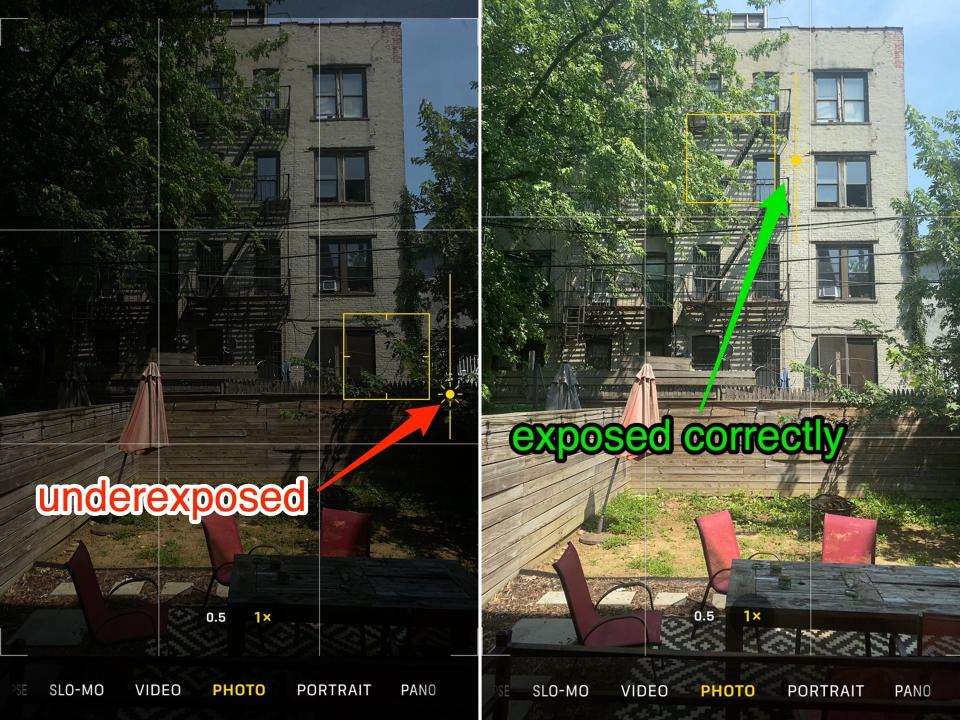 Left: Dark image of a backyard with a wooden fence and a grey building behind. Right: Same image shown brighter.