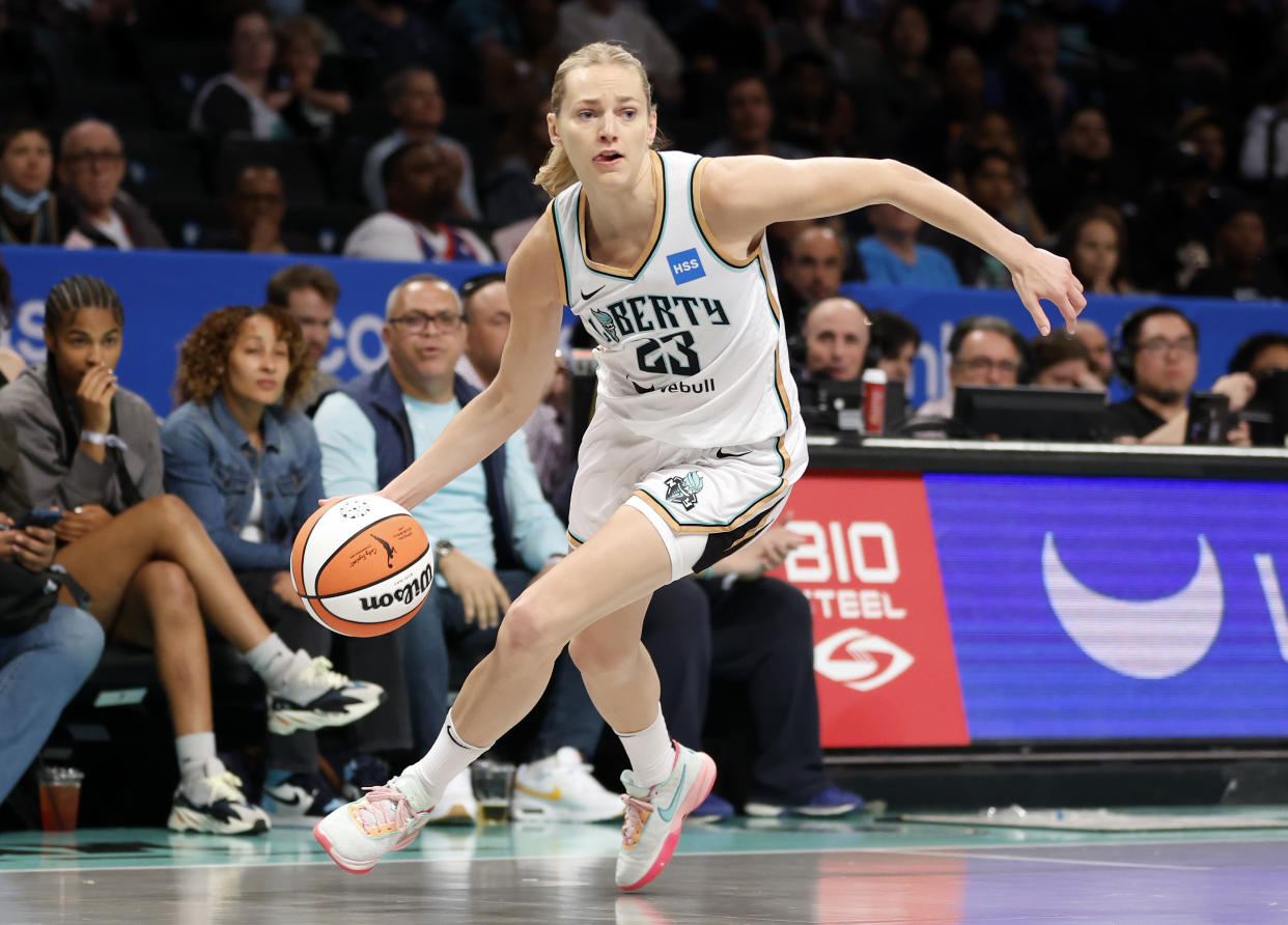 New York Liberty guard Marine Johannès could be affected by the WNBA's prioritization clause with her French league commitments. (Photo by Sarah Stier/Getty Images)