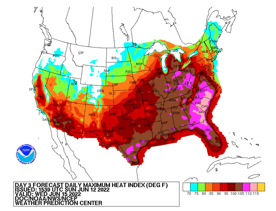 A major heat wave is expected to continue across the U.S., according to the National Weather Service and other federal agencies. Eric Holthaus with Currently weather news site said the heat wave will peak on Tuesday for most people. The heat index was 110°F+ from Florida to the Carolinas, 105°F+ from Texas to Detroit, and 100°F+ for parts of 26 states. This will be the most intense heat wave for the Carolinas in at least 10 years. Credit NOAA/NWS