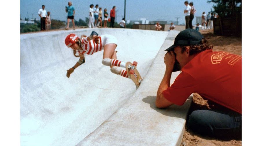 Laura Thornhill, backside kick turn Torrance, 1977. Photograph by Jim Goodrich