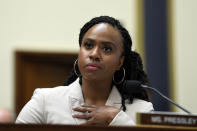 FILE - This July 10, 2019 file photo shows Rep. Ayanna Pressley, D-Mass., at the House Financial Services Committee on Capitol Hill in Washington. Pressley, whose hair twists were an inspiration to young girls and part of her personal identity and political brand, revealed Thursday, Jan. 16, 2020, that she has gone bald due to alopecia. The freshman Massachusetts' Democrat made a touching video for The Root, the African American-focused online magazine, in which she revealed her bald head. (AP Photo/Susan Walsh, File)