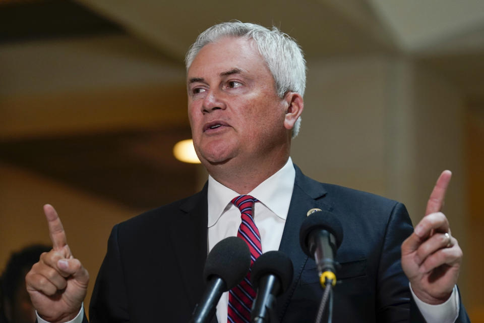 FILE - Rep. James Comer Jr., R-Ky., speaks to reporters about Hunter Biden June 20, 2023, on Capitol Hill in Washington. The Republican chairmen of three key House committees are joining forces to probe the Justice Department's handling of charges against Hunter Biden after making sweeping claims about misconduct at the agency. (AP Photo/Stephanie Scarbrough, File)