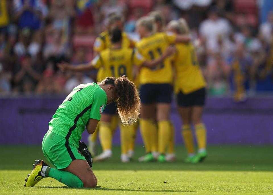 Portugal goalkeeper Patricia Morais is brought to her knees by Sweden’s fourth goal in her side’s 5-0 defeat (Nick Potts/PA) (PA Wire)