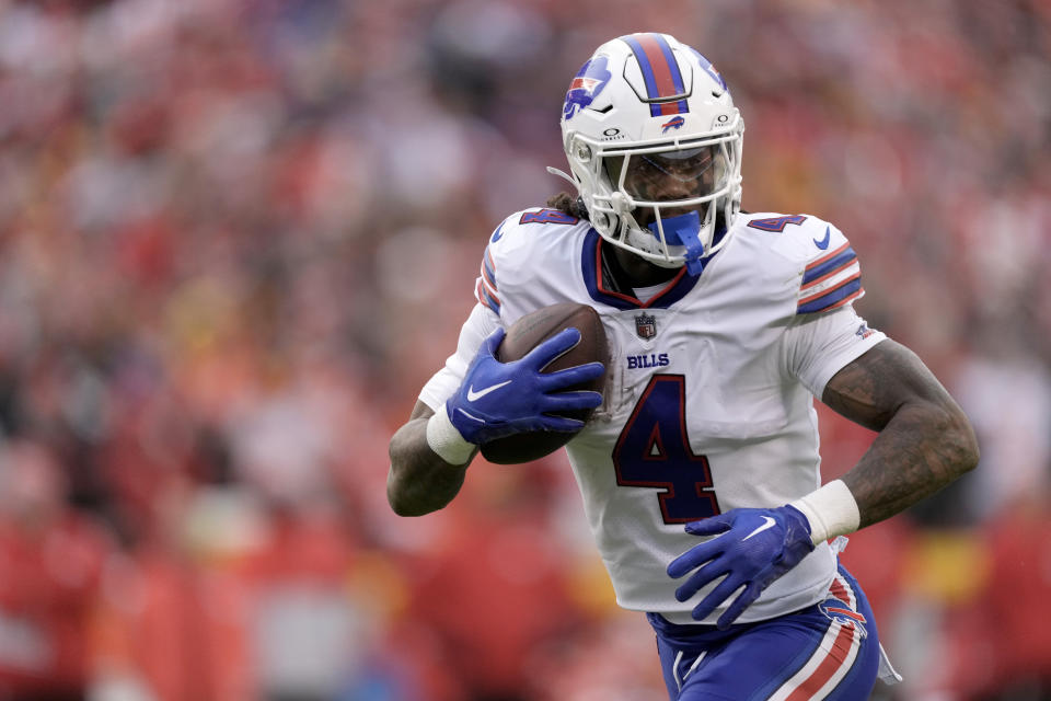 Buffalo Bills running back James Cook scores on a 25-yard touchdown reception during the first half of an NFL football game against the Kansas City Chiefs Sunday, Dec. 10, 2023, in Kansas City, Mo. (AP Photo/Charlie Riedel)