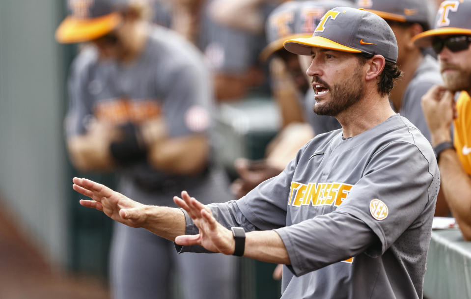 Tennessee head coach Tony Vitello reacts to a call during an NCAA college baseball super regional game against LSU, Sunday, June 13, 2021, in Knoxville, Tenn. (AP Photo/Wade Payne)