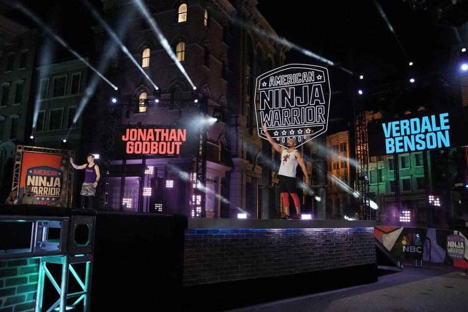 Jonathan Godbout, left, and Verdale Benson compete in the semifinals of "American Ninja Warrior."
