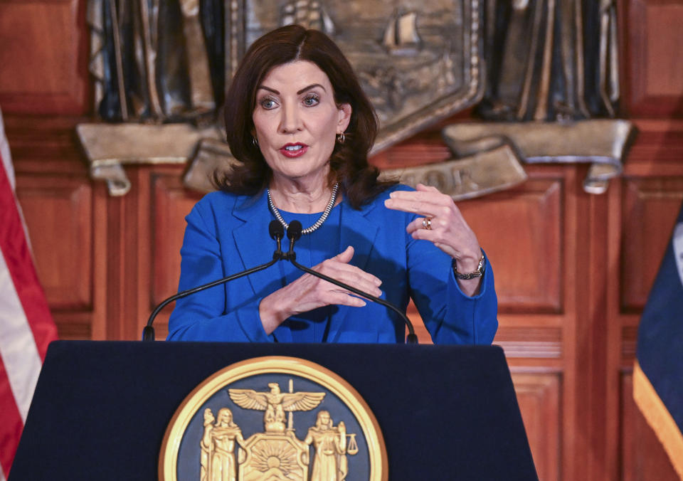New York Gov. Kathy Hochul speaks with reporters after presenting her 2025 executive state budget in the Red Room at the state Capitol Tuesday, Jan. 16, 2024, in Albany, N.Y. (AP Photo/Hans Pennink)