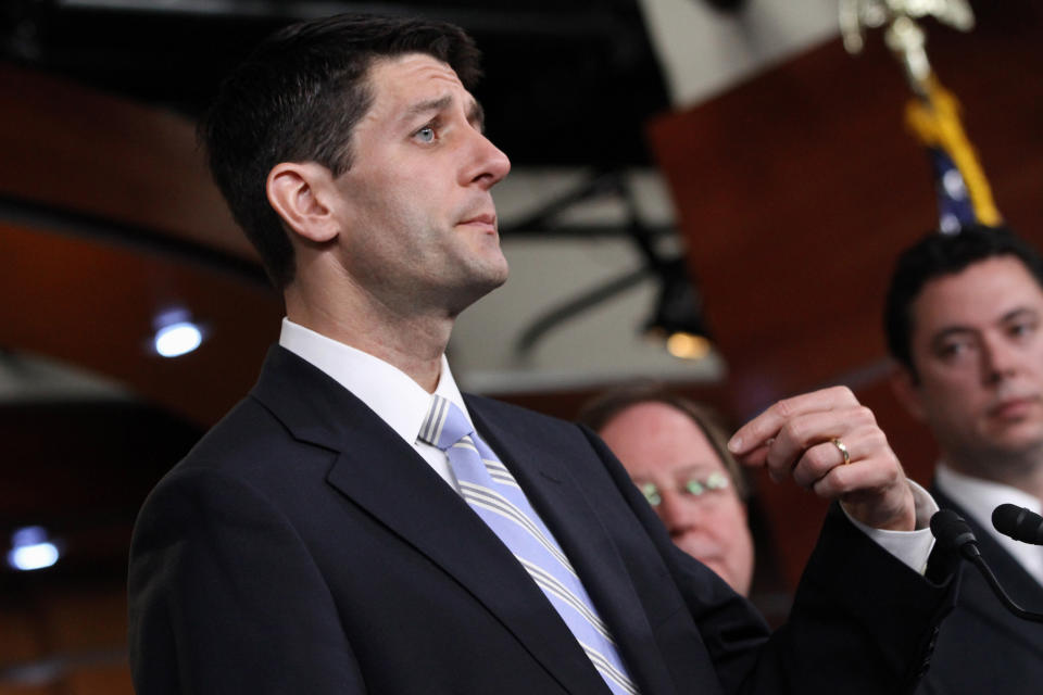 House Budget Committee Chairman Rep. Paul Ryan, R-Wis., left, speaks about his budget plan entitled "The Path to Prosperity," Tuesday, March 20, 2012, during a news conference on Capitol Hill in Washington. (AP Photo/Jacquelyn Martin)