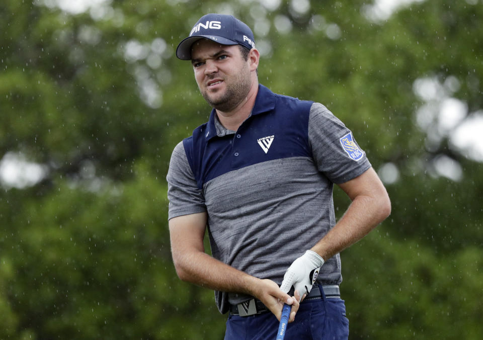 Corey Conners watches his drive on the second hole during the third round of the Texas Open golf tournament, Saturday, April 6, 2019, in San Antonio. (AP Photo/Eric Gay)