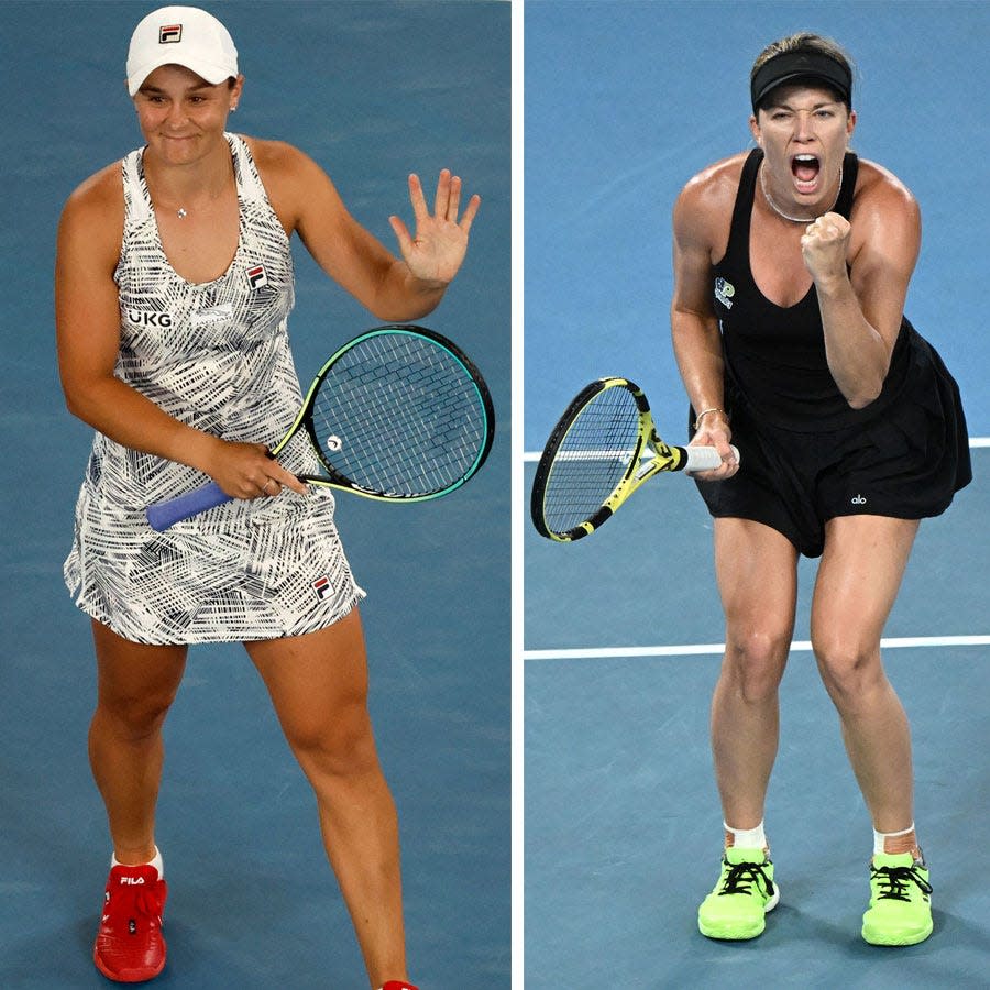 Ash Barty, left, faces Danielle Collins, right, in the 2022 Australian Open women's singles final.