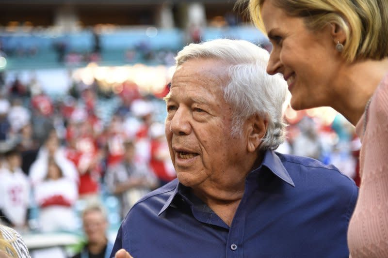 Robert Kraft (L) and Dana Blumberg attend Super Bowl LIV in 2020. File Photo by Kevin Dietsch/UPI