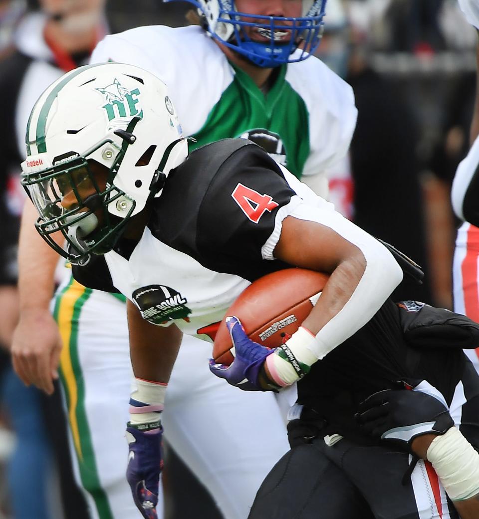 South Carolina running back Jarvis Green of Dutch Fork High South Carolina running back Jarvis Green (4) of Dutch Fork High during the first quarter of the 86th annual Shrine Bowl of the Carolinas at Viking Stadium in Spartanburg, S.C. Saturday, December 17, 2022. 