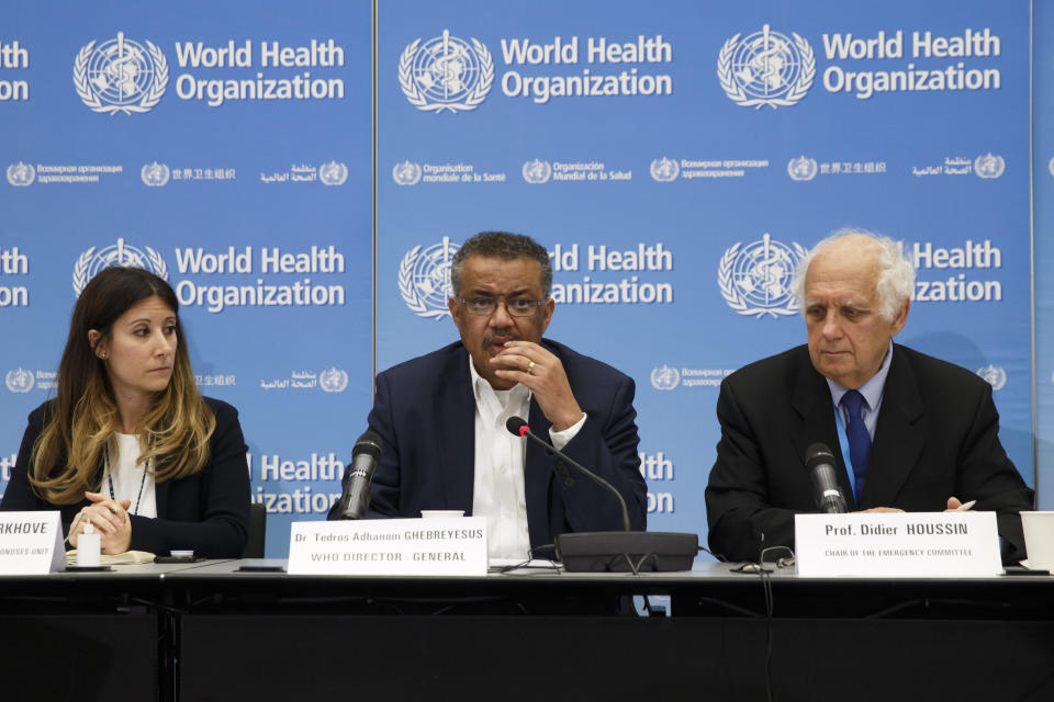 From left, Maria van Kerkhove, Head of Emerging Diseases and Zoonoses Unit, Director General of the World Health Organization, WHO, Tedros Adhanom Ghebreyesus, and Professor Didier Houssin, the Chair of the Emergency Committee hold a press conference after an Emergency Committee meeting on what scientists have identified as a new coronavirus, at the World Health Organization (WHO) headquarters in Geneva, Switzerland, Wednesday, Jan. 22, 2020. Health authorities are closely watching an outbreak of respiratory illness caused by a new virus from China. Governments are stepping up surveillance of airline passengers from central China and taking other steps to try to control the outbreak. (Salvatore Di Nolfi/Keystone via AP)