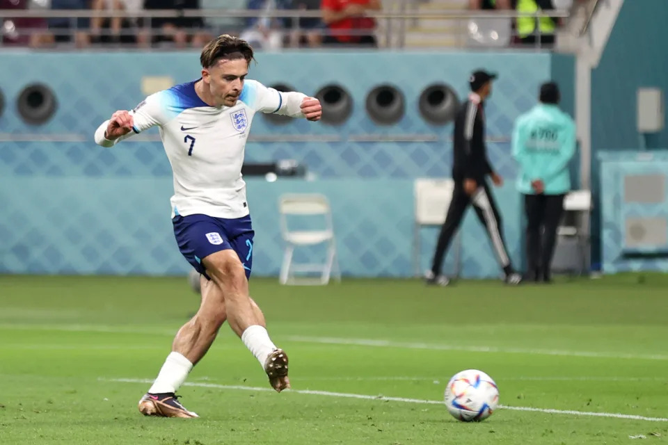 DOHA, QATAR - NOVEMBER 21: Jack Grealish of England scores their team&#39;s sixth goal during the FIFA World Cup Qatar 2022 Group B match between England and IR Iran at Khalifa International Stadium on November 21, 2022 in Doha, Qatar. (Photo by Alex Pantling - The FA/The FA via Getty Images)