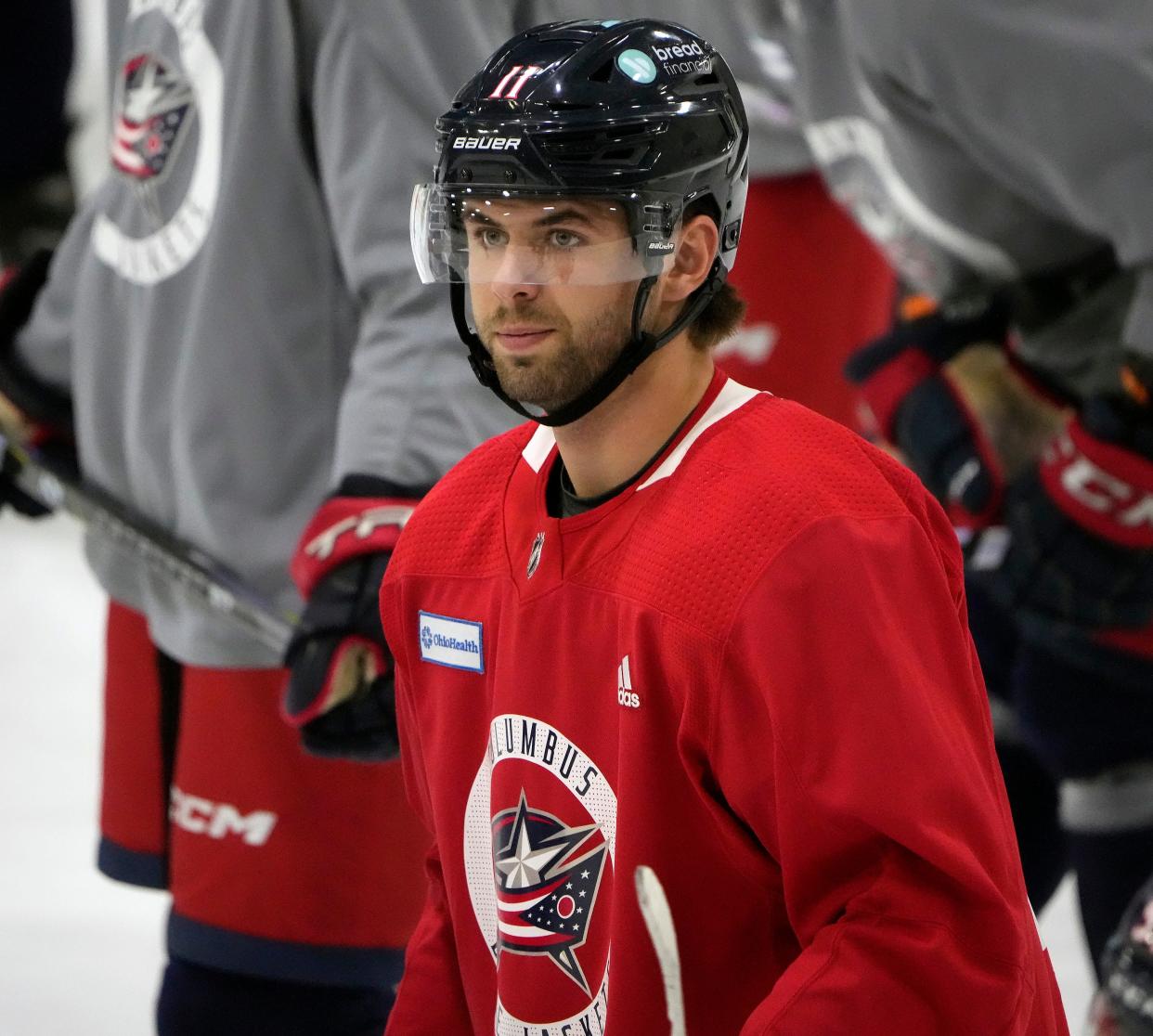 Sep 13, 2023; Columbus, OH, USA; Columbus Blue Jackets prospect Adam Fantilli during practice at the Ice Haus.