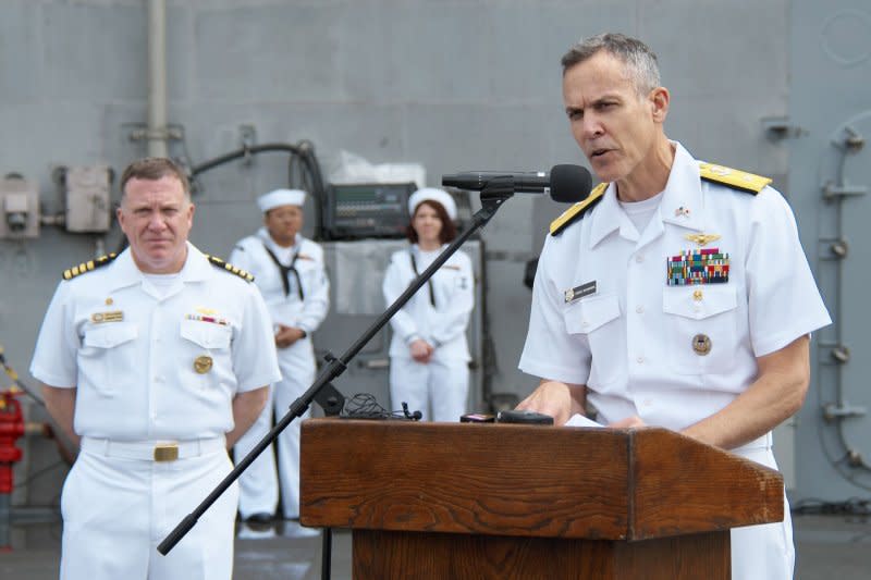 Rear Admiral Gregory Newkirk, commander, Carrier Strike Group Five speaks during a press conference at Fleet Activities Yokosuka in Kanagawa-Prefecture, Japan on Thursday. Photo by Keizo Mori/UPI