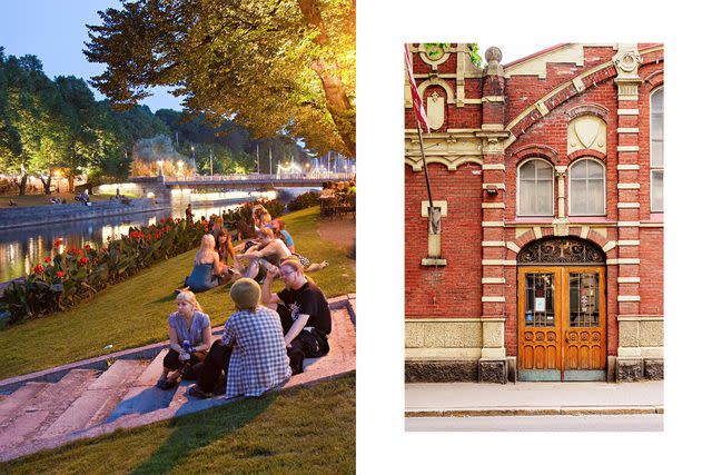 <p>From left: Jan-Peter Boening/laif/Redux; Karol Koslowski/Alamy</p> From left: Turku residents unwind alongside the Aura late into a summer evening; the1896 brick building that houses the Turku Market Hall.