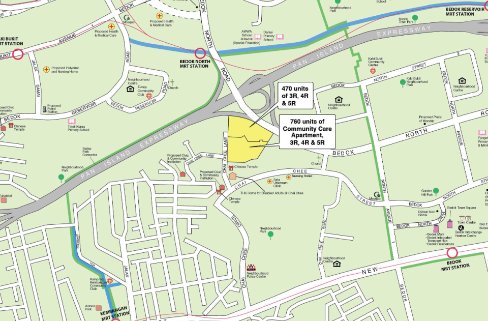 Location of the Bedok HDB BTO Dec flats, bounded by Chai Chee Lane and Bedok North Road. Source: HDB