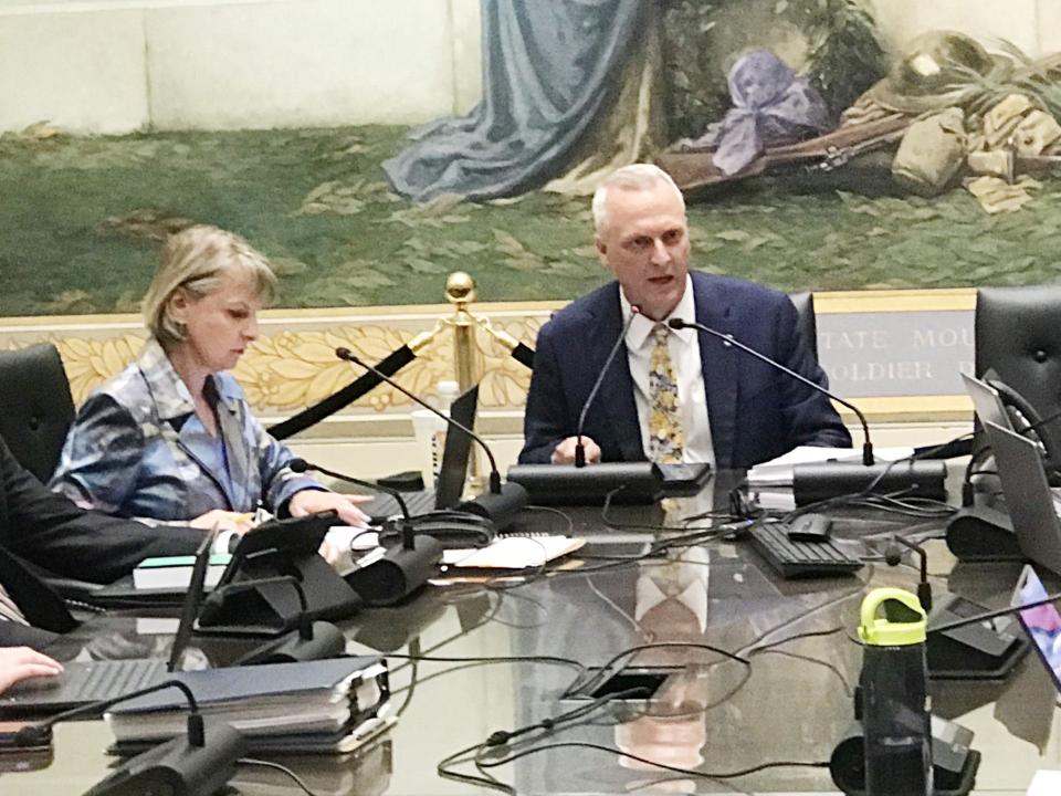 Rep. Gerrid Kendrix, the chair of the House Administrative Rules Committee, speaks during Monday's meeting. Next to him is the vice chair, Rep. Denise Crosswhite Hader.