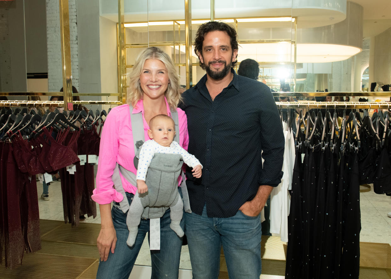 Broadway star Nick Cordero, depicted with his wife Amanda Kloots and their 11 month-old son, has been battling COVID-19 and its side effects since late March. (Photo: Noam Galai/Getty Images for Beyond Yoga)