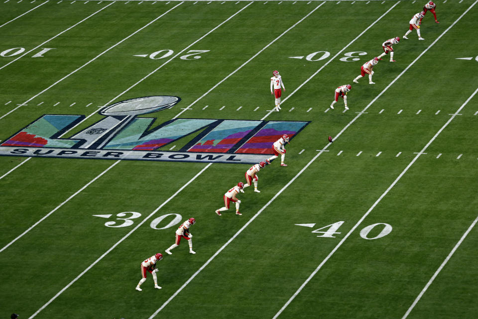 FILE - Kansas City Chiefs place kicker Harrison Butker (7) waits to kick off to the Philadelphia Eagles during the NFL Super Bowl 57 football game Sunday, Feb. 12, 2023, in Glendale, Ariz. Special teams coaches and standout players weren't happy when the NFL changed the kickoff rules this offseason to allow fair catch touchbacks in the field of play. The rule was put in place to cut down on the number concussions and other injuries from what has been the most dangerous play in the game. (AP Photo/Adam Hunger, File)
