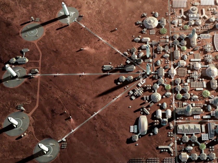 A SpaceX mockup of Elon Musk’s plan to use Starship rockets set up a colony on Mars in order to ensure humanity’s long-term survival (SpaceX)