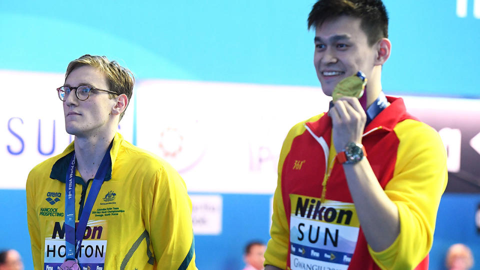Mack Horton refused to stand on the podium or pose for photos with Sun Yang after the 400m final. (Photo by Quinn Rooney/Getty Images)