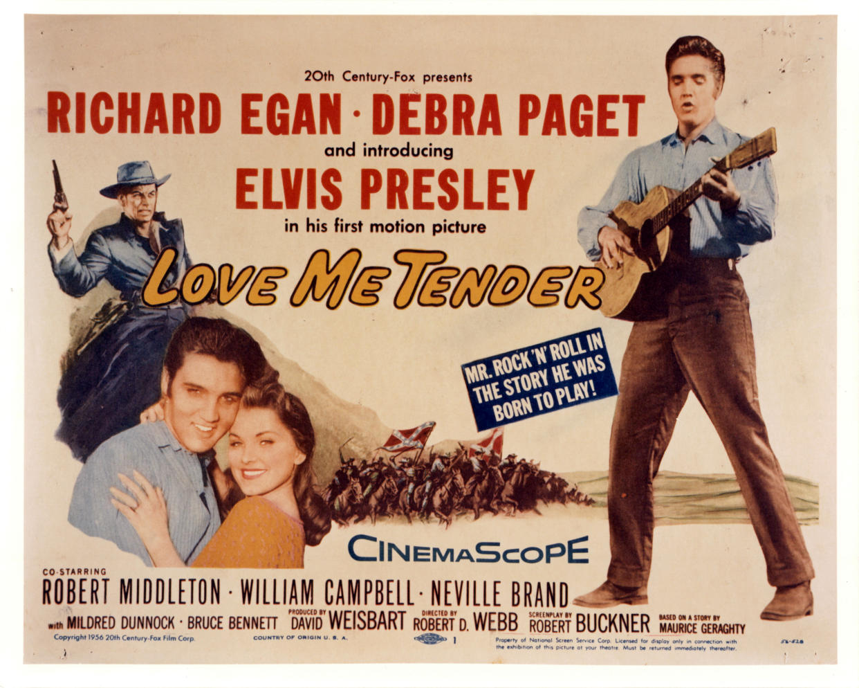 Elvis Presley and Debra Paget in movie art for the film 'Love Me Tender', 1956. (Photo by 20th Century-Fox/Getty Images)