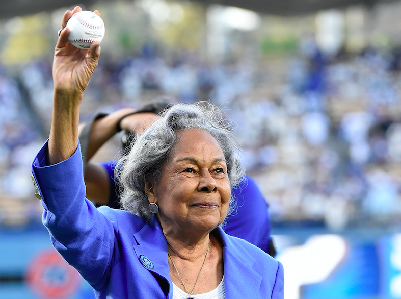 Rachel Robinson, wife of Jackie Robinson, threw out the first pitch before Game 1 of the World Series. (Getty Images)