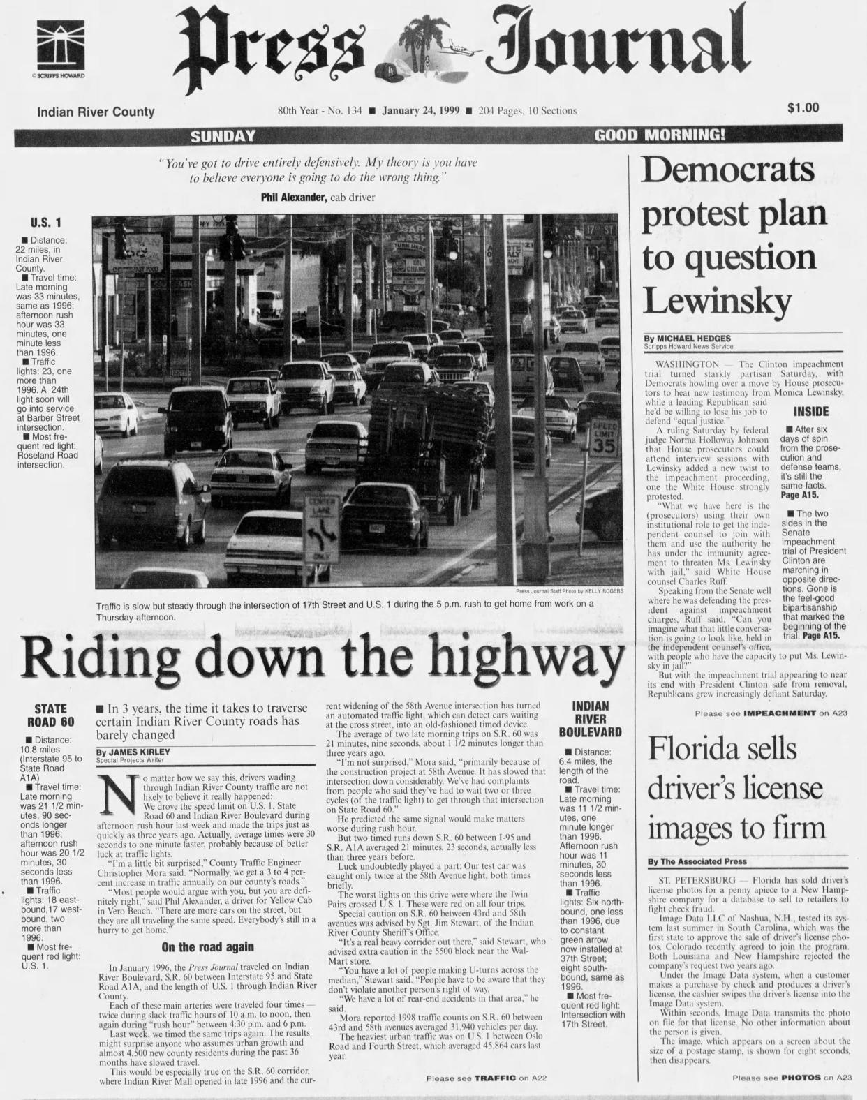 Press Journal reporter James Kirley timed trips along key Indian River County roadways for a story published Jan. 24, 1999. It followed up one he'd done in 1996.