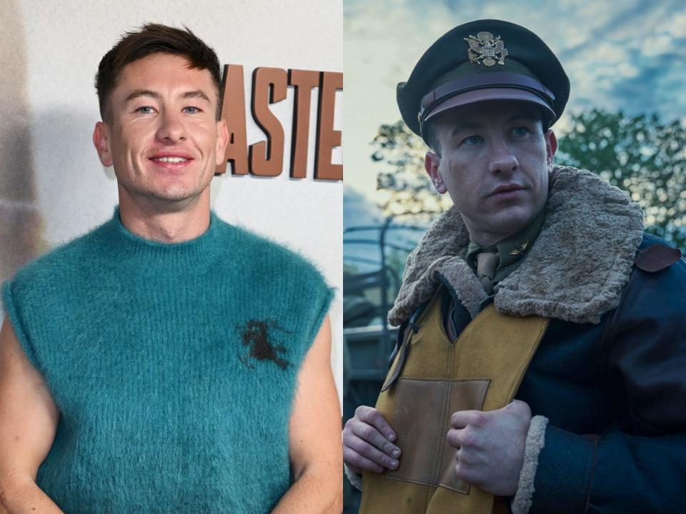Barry Keoghan at the "Masters Of The Air" UK Premiere at Picturehouse Central in London, and as Lt. Curtis Biddick in the show.