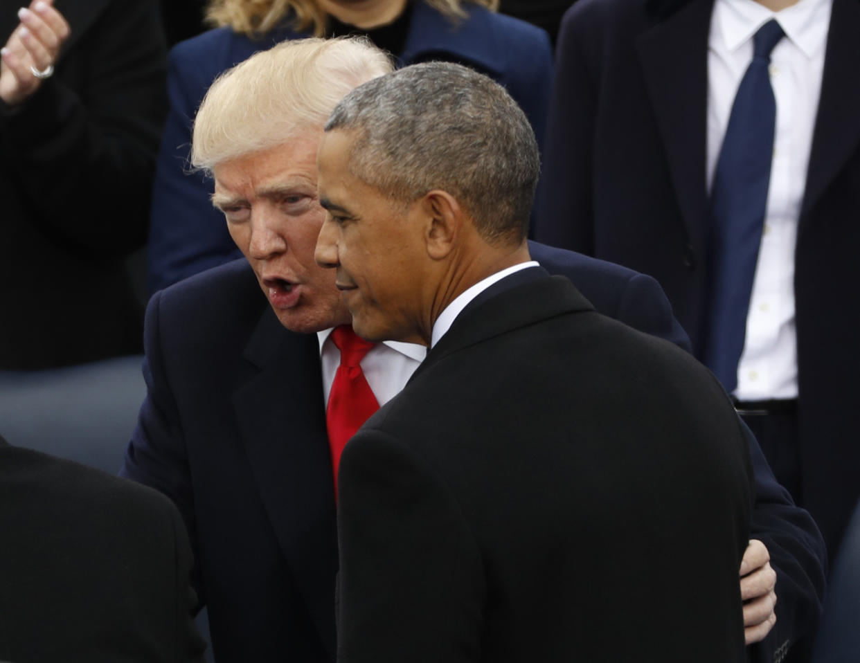 President-elect Donald Trump speaks to President Barack Obama before inauguration ceremonies on Jan. 20, 2017. (Photo: Kevin Lamarque / Reuters)